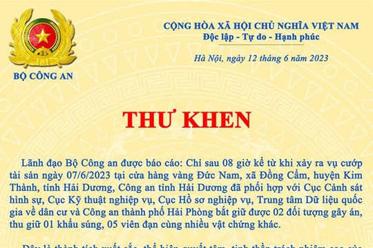 Bộ Công an gửi thư khen Công an tỉnh Hải Dương vì phối hợp triệt phá nhanh vụ cướp tiệm vàng 