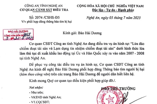 Công an Nghệ An tìm người bị hại trong vụ án lừa đi xuất khẩu lao động tại Úc và Hàn Quốc