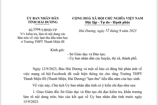 UBND tỉnh Hải Dương yêu cầu làm rõ thông tin về việc "lạm thu" ở Trường THPT Thanh Miện III