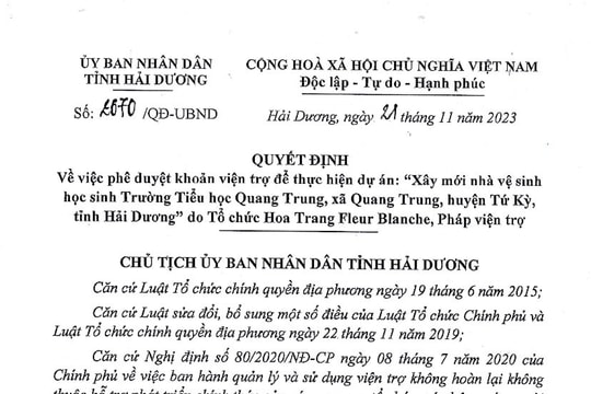 Tổ chức Hoa Trang Fleur Blanche tài trợ xây nhà vệ sinh cho Trường Tiểu học Quang Trung