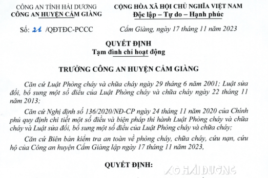 Cẩm Giàng tạm dừng hoạt động 5 cơ sở do vi phạm về phòng cháy, chữa cháy