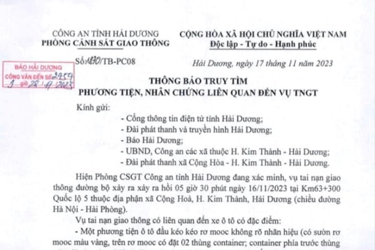 Tìm phương tiện, nhân chứng liên quan vụ tai nạn giao thông sáng 16/11
