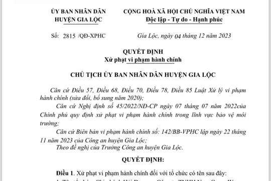 Chi nhánh Công ty TNHH New Green Way bị phạt do vi phạm môi trường