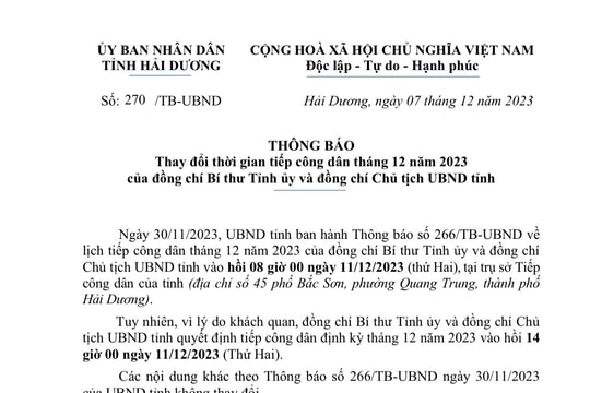 Các đồng chí Bí thư Tỉnh ủy, Chủ tịch UBND tỉnh Hải Dương thay đổi thời gian tiếp công dân tháng 12