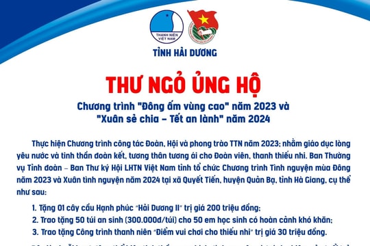 Tỉnh đoàn Hải Dương tiếp nhận ủng hộ chương trình “Đông ấm vùng cao" và “Xuân sẻ chia - Tết an lành"