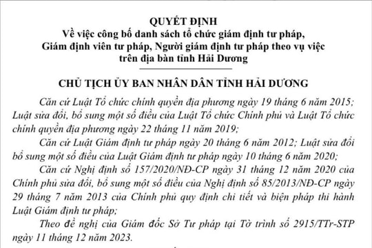 Hải Dương công bố tổ chức giám định, giám định viên tư pháp
