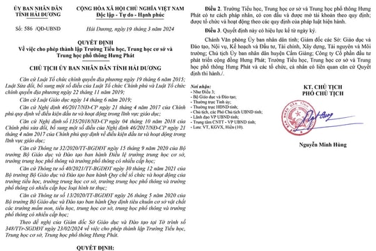 Cho phép thành lập Trường Tiểu học, THCS và THPT Hưng Phát ở Cẩm Giàng