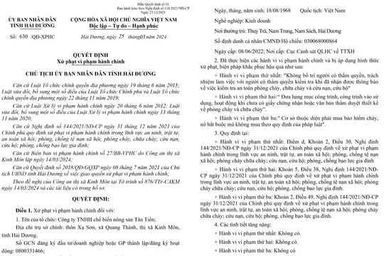 Vi phạm quy định phòng cháy chữa cháy, Công ty Tân Tiến ở Kinh Môn bị phạt 168 triệu đồng