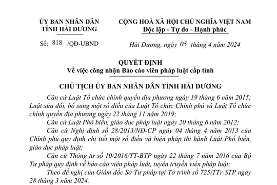Hải Dương công nhận 73 báo cáo viên pháp luật