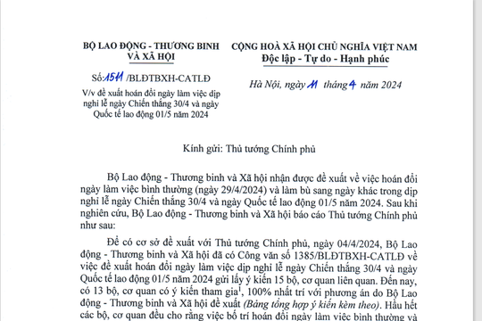 Bộ Lao động, Thương binh và Xã hội trình Thủ tướng phương án nghỉ 5 ngày dịp lễ 30/4 - 1/5