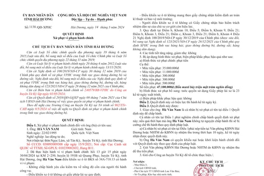 Không đồng ý kiểm tra nồng độ cồn, một thanh niên ở Tứ Kỳ bị phạt 35 triệu đồng
