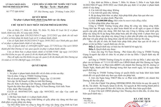 Phạt Công ty Trường Giang 130 triệu đồng vì xây dựng công trình không phép trong cụm công nghiệp Cẩm Thượng
