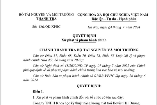 Chủ Dự án “Nhà máy sản xuất tấm tế bào quang điện năng lượng mặt trời Boviet Hải Dương” bị phạt nặng