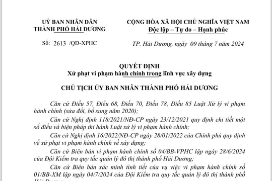 Phạt Công ty CP Tân Long (TP Hải Dương) 300 triệu đồng do vi phạm xây dựng