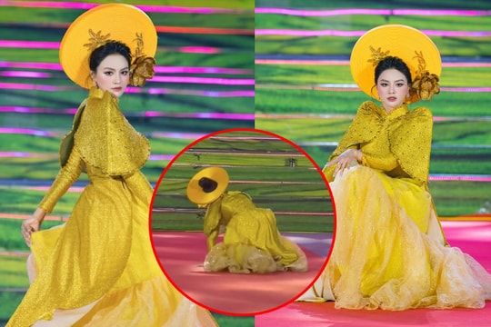 Siêu mẫu Vũ Thu Phương vấp ngã khi trình diễn áo dài