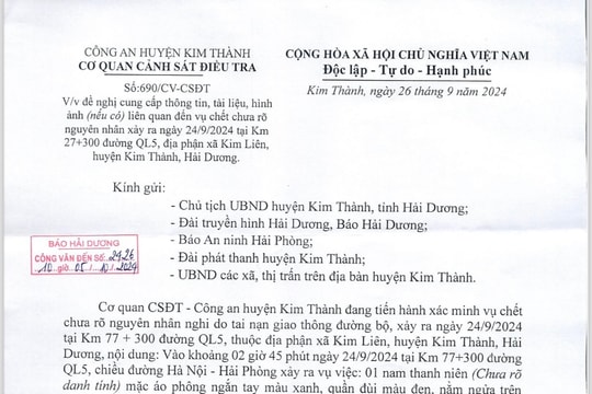 Tìm người, nhân chứng liên quan vụ nghi tai nạn giao thông trên quốc lộ 5 qua Kim Thành