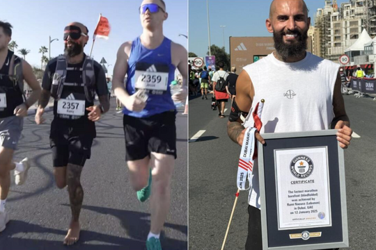 Runner bịt mắt, chân trần chạy marathon