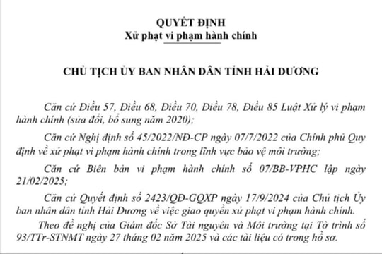Phạt Công ty CP Dịch vụ Thái Bình Dương 320 triệu đồng do vi phạm môi trường