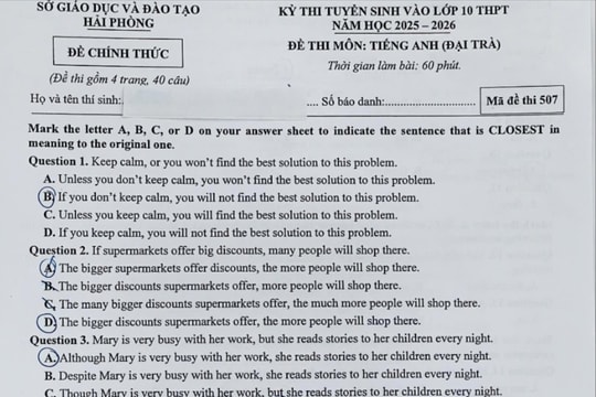 Một số đề thi lớp 10 môn ngoại ngữ của TP Hải Phòng