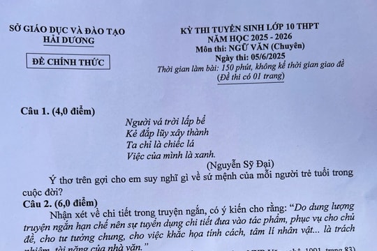 Đề thi ngữ văn vào lớp 10 Trường THPT chuyên Nguyễn Trãi về sứ mệnh của mỗi người trẻ tuổi trong cuộc đời