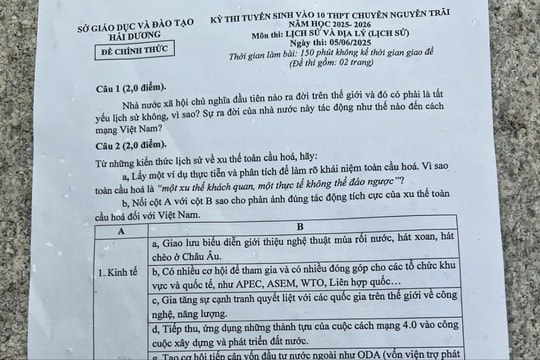 Đề thi môn lịch sử vào lớp 10 Trường THPT chuyên Nguyễn Trãi