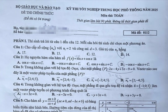 Đề thi môn toán kỳ thi tốt nghiệp THPT năm 2025