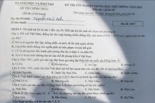 Đề thi và gợi ý giải đề thi lịch sử kỳ thi tốt nghiệp THPT 2025