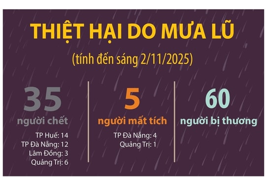 Thiệt hại do mưa lũ ở các tỉnh miền Trung tính đến sáng 2/11/2025