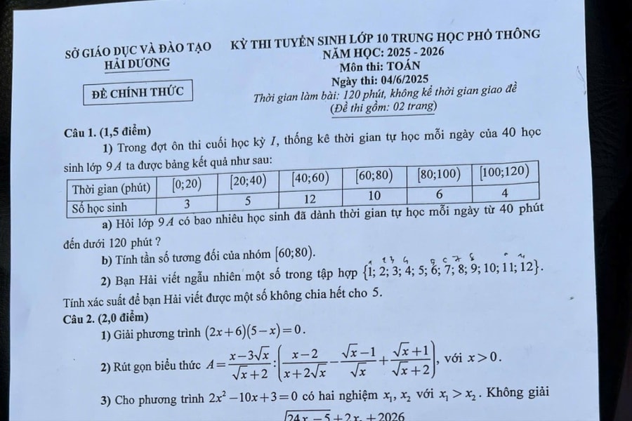 Đề thi vào lớp 10 môn toán của Hải Dương