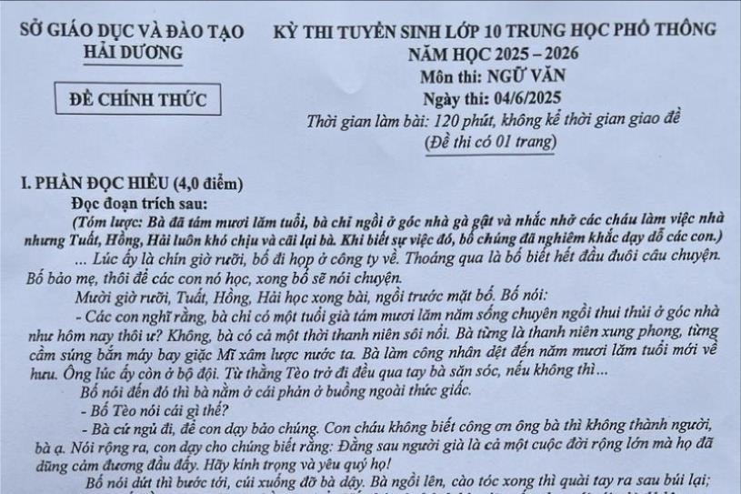Tình yêu thương của bà vào đề thi ngữ văn lớp 10 ở Hải Dương