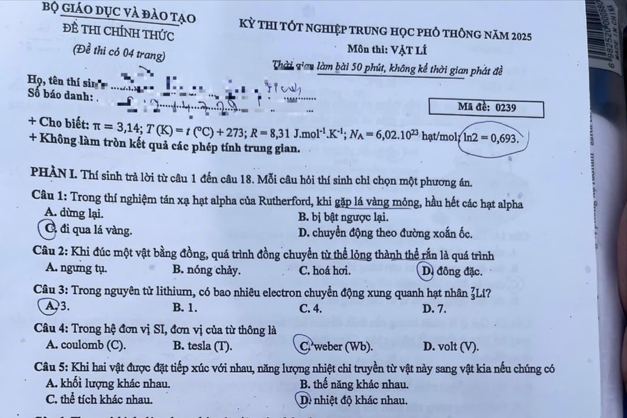 Đề thi và gợi ý giải đề thi vật lý kỳ thi tốt nghiệp THPT 2025