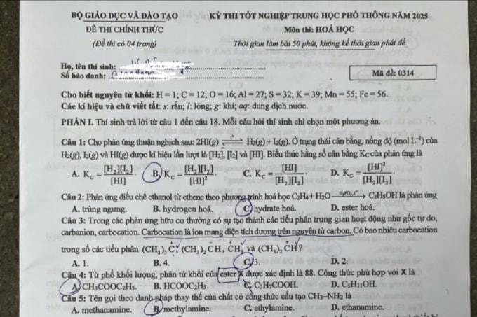 Đề thi và gợi ý giải đề thi môn hóa học kỳ thi tốt nghiệp THPT 2025