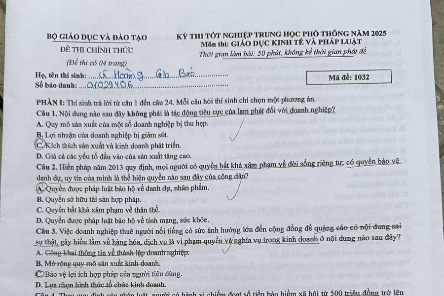 Đề thi và gợi ý giải đề môn Giáo dục Kinh tế và Pháp luật kỳ thi tốt nghiệp THPT năm 2025