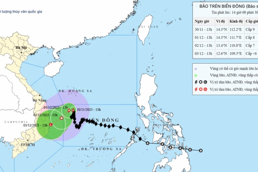 Bão số 15 hướng về bờ biển phía Đông tỉnh Gia Lai - Đắk Lắk, suy yếu dần