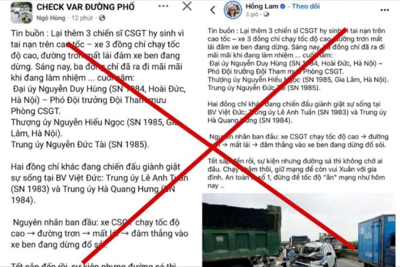 Thông tin 'thêm 3 chiến sĩ Cảnh sát giao thông hy sinh trên cao tốc' là sai sự thật