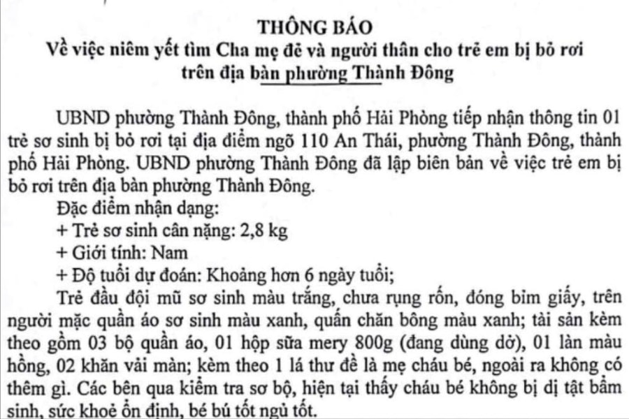 Tìm thân nhân bé trai 6 ngày tuổi bị bỏ rơi ở phường Thành Đông