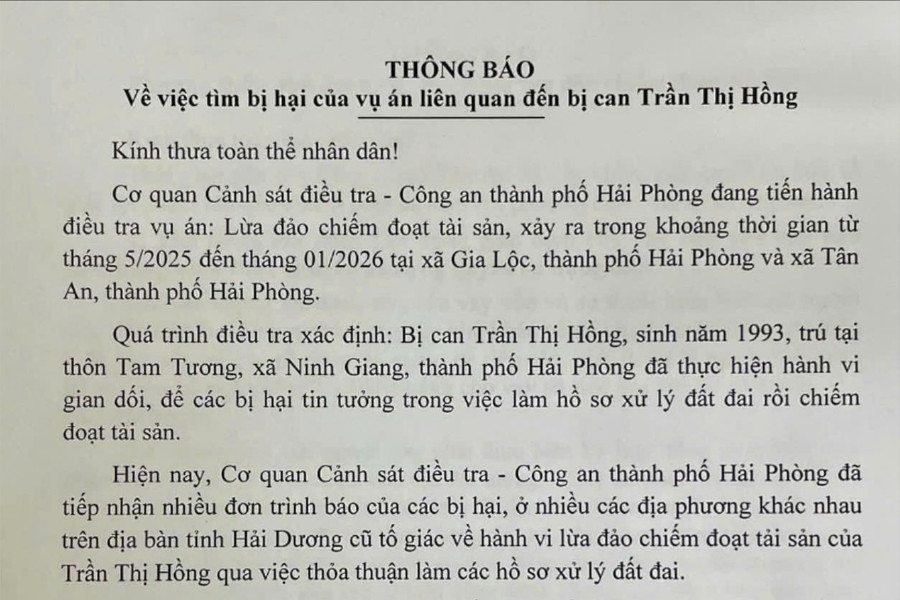 Tìm bị hại vụ lừa đảo làm hồ sơ đất đai
