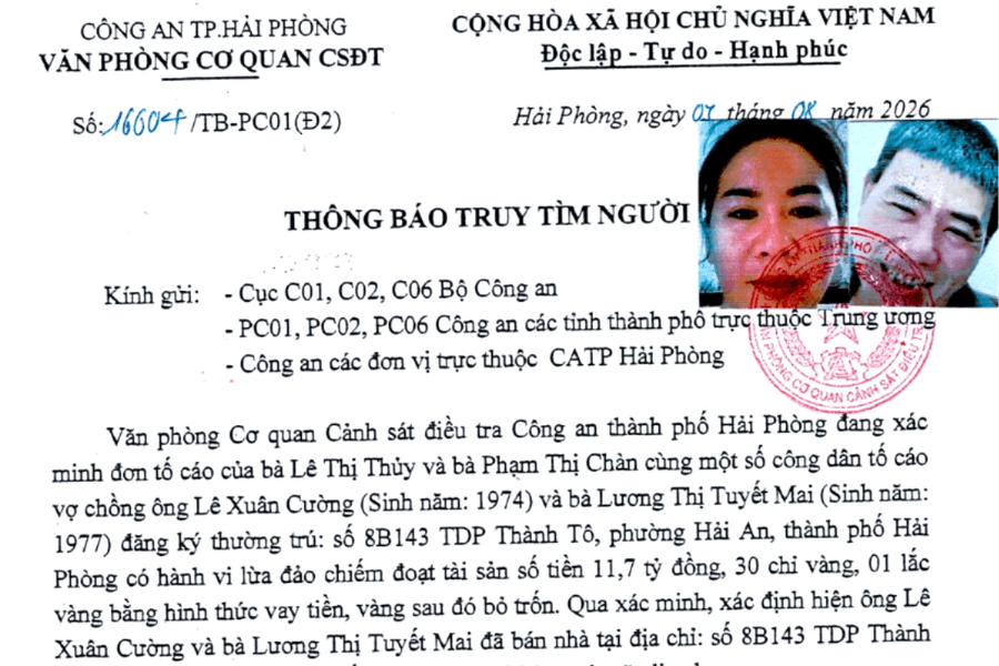 Công an Hải Phòng truy tìm vợ chồng bị tố lừa gần 12 tỷ đồng và 30 chỉ vàng