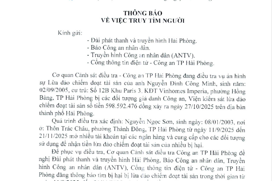 Công an Hải Phòng tìm người bị hại từng chuyển tiền vào tài khoản Nguyễn Ngọc Sơn